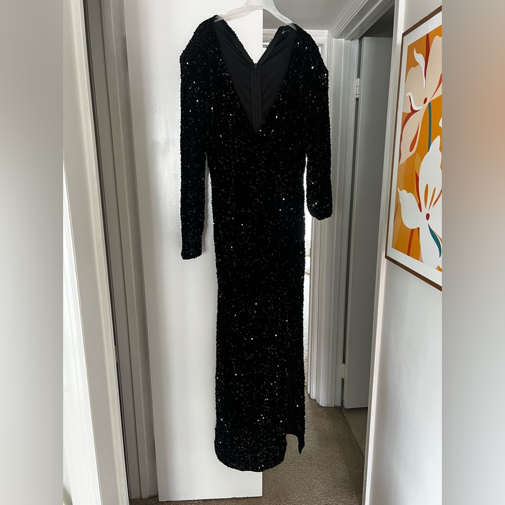Curvy Sense Black Sequin Long Sleeve High Slit Gown Plus Size